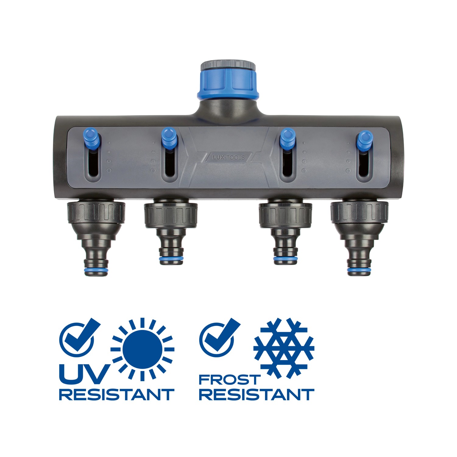 LUX-TOOLS 4-Wege-Verteiler für Gartenschläuche, 26,4 mm auf 33,3 mm, aus Kunststoff, UV- und frostbeständig.