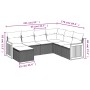 Beige 7-teilige Garten-Sofagarnitur aus Polyrattan mit Kissen, Maße eingezeichnet.