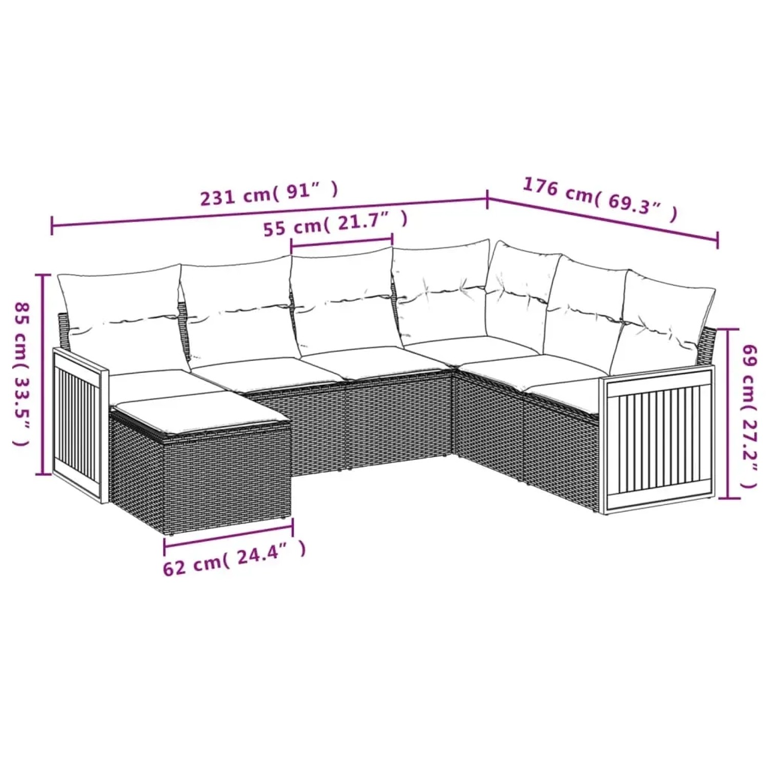 Beige 7-teilige Garten-Sofagarnitur aus Polyrattan mit Kissen, Maße eingezeichnet.