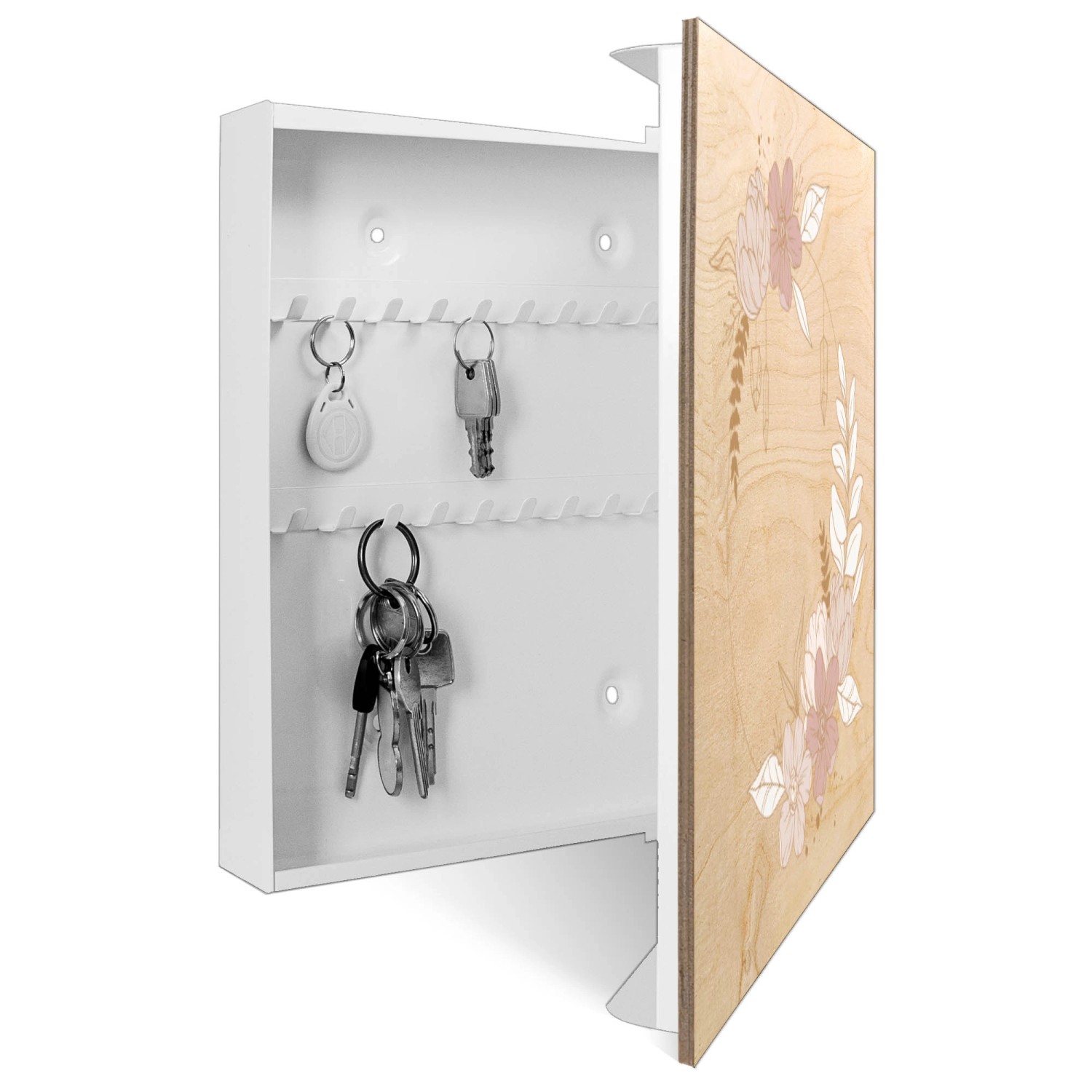 Offene, weiße Schlüsselbox aus Holz von Banjado mit floralem Kranz und 50 Haken.