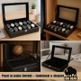 Schwarze Uhrenbox für 12 Uhren mit Glasdeckel von BigDean, zur Aufbewahrung und Präsentation.