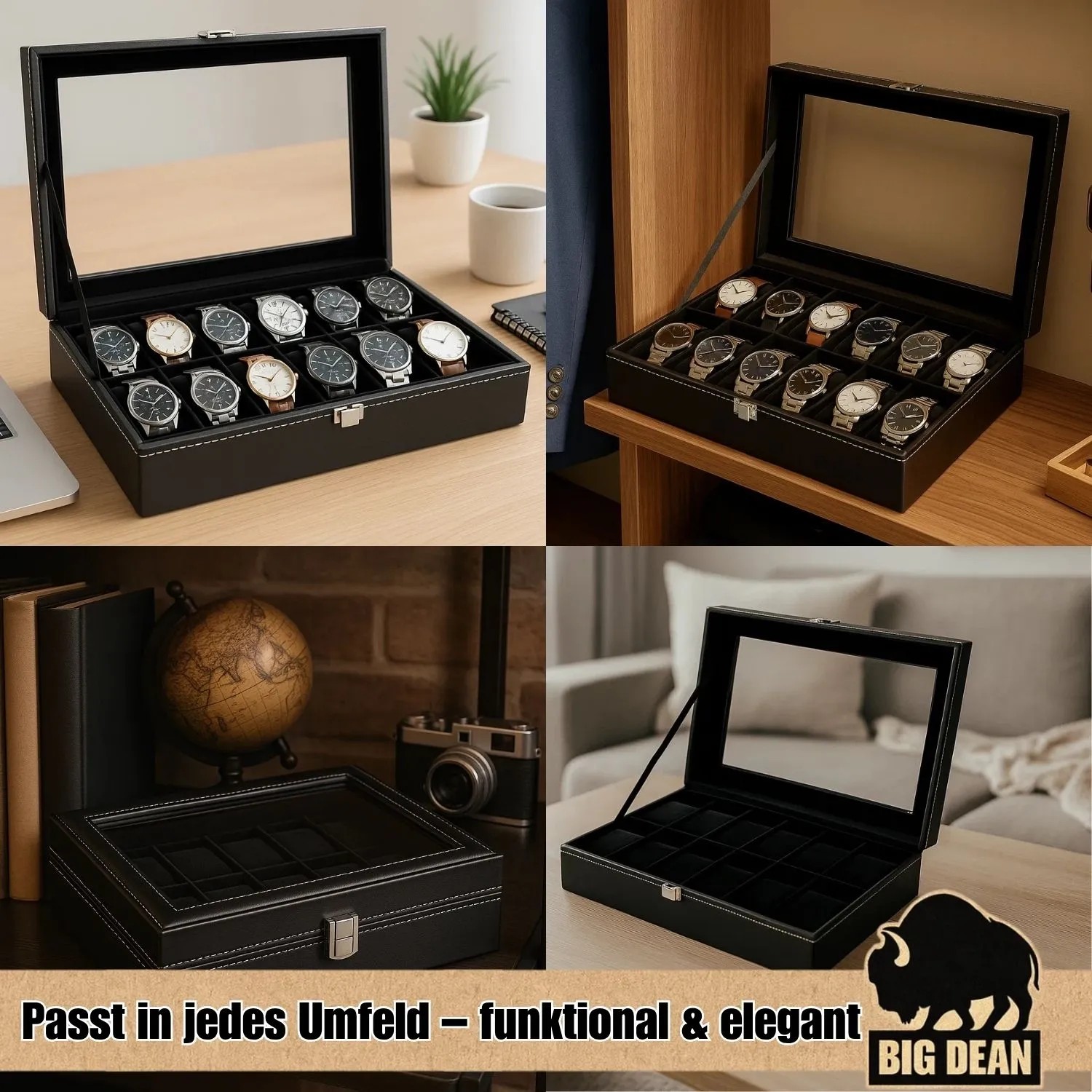 Schwarze Uhrenbox für 12 Uhren mit Glasdeckel von BigDean, zur Aufbewahrung und Präsentation.