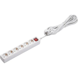 Weiße 6-fach Steckdosenleiste mit Schalter und 5 m Kabel für den Innenbereich.
