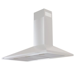 Weiße CIARRA Dunstabzugshaube 90 cm mit LED-Beleuchtung und Druckknöpfen. 370 m³/h Saugleistung, 3 Stufen.