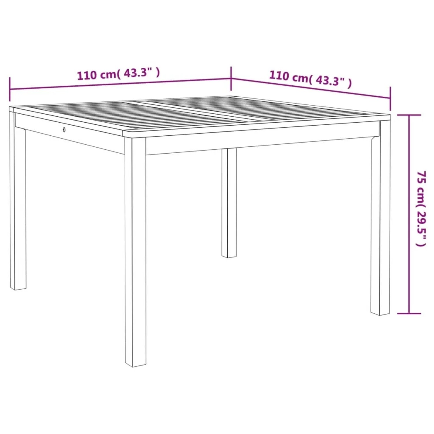Quadratischer Garten-Esstisch aus Akazienholz, 110x110x75 cm, ideal für Garten und Terrasse.