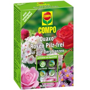 Compo Duaxo Rosen Pilz-frei für Zierpflanzen, Konzentrat in grüner Verpackung.
