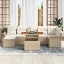 Beiges 8-teiliges Garten-Sofa-Set aus Poly Rattan mit Tisch und Stauraum.