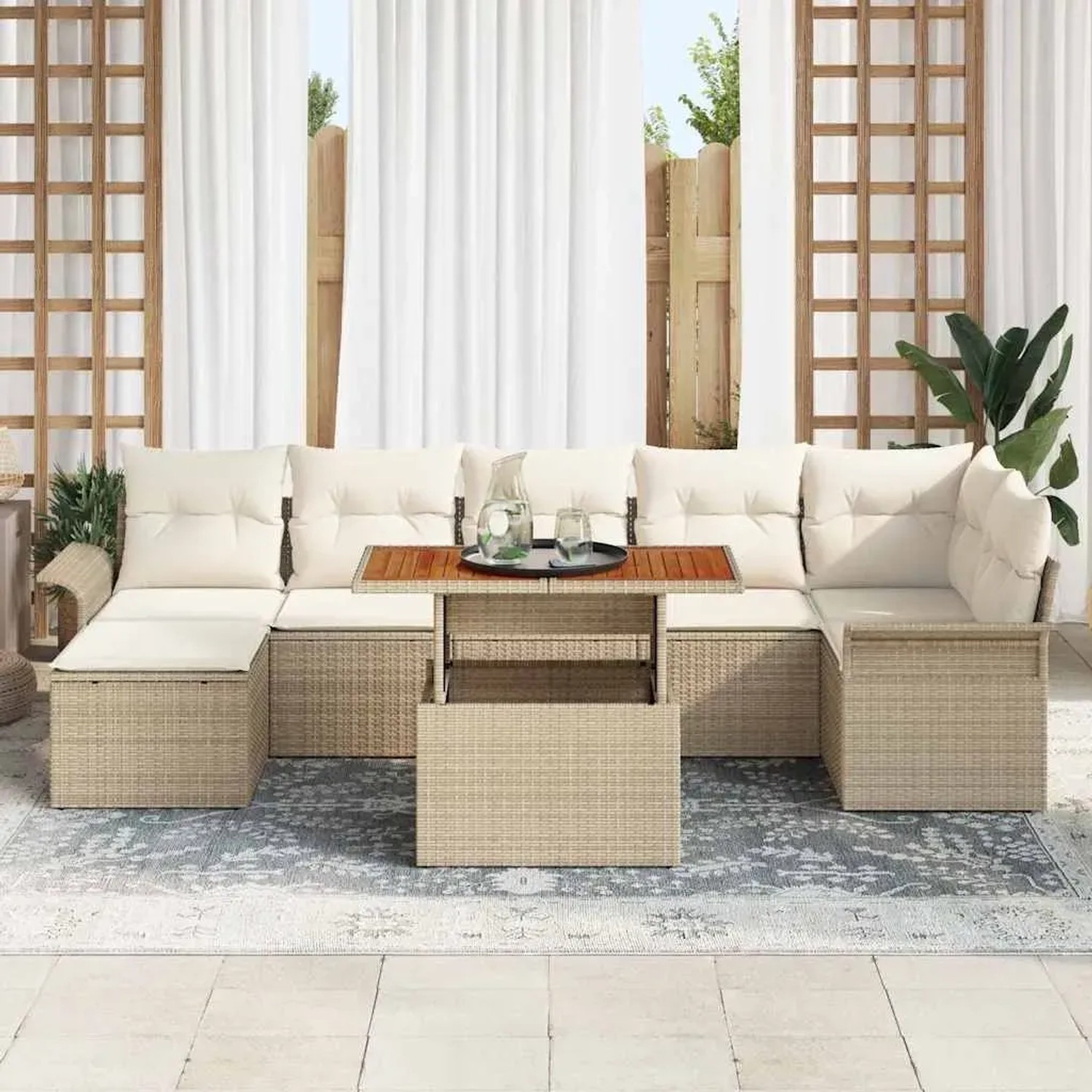 Beiges 8-teiliges Garten-Sofa-Set aus Poly Rattan mit Tisch und Stauraum.