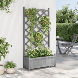 Grauer vidaXL Pflanzkübel mit Spalier aus Tannenholz für Kletterpflanzen im Garten oder auf der Terrasse.