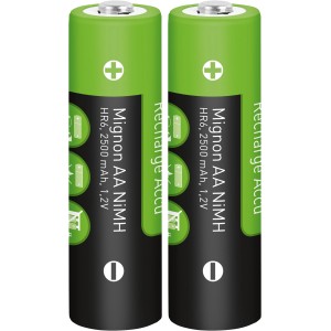 2er-Set NiMH AA Akkus, 2500 mAh, wiederaufladbar für z.B. Taschenlampen.