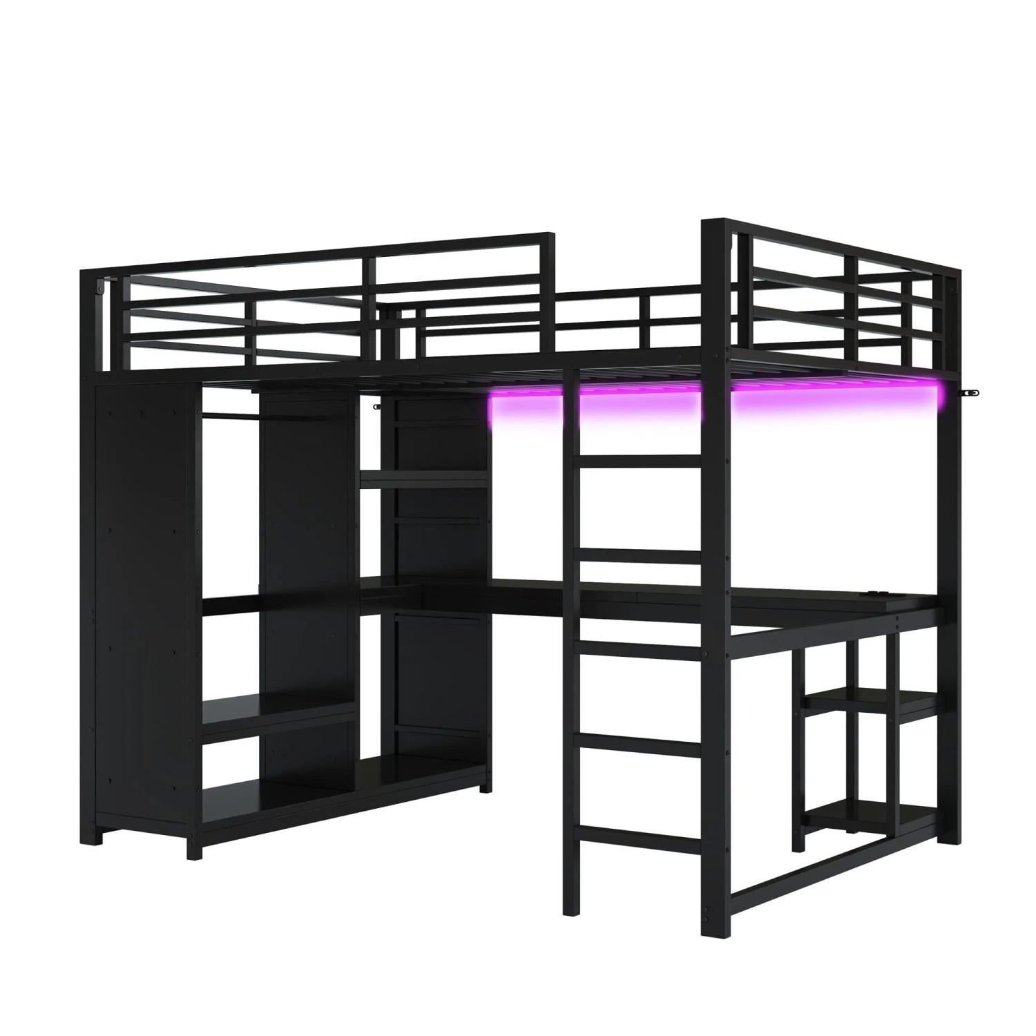 Merax Gaming Hochbett 140x200 cm Metall mit LED Schreibtisch Kleiderschrank Schwarz