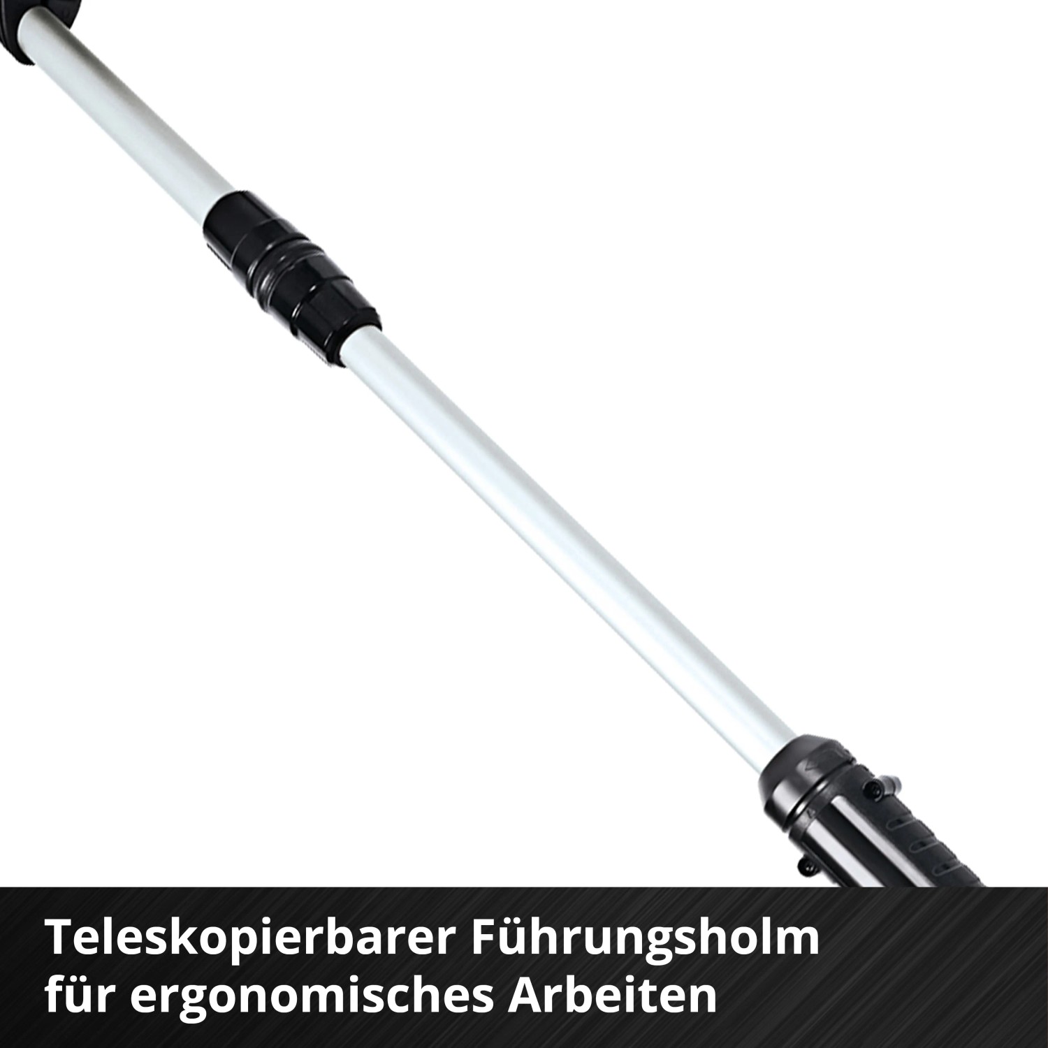 Detailaufnahme: Teleskopierbarer Führungsholm des Einhell Akku-Rasentrimmers.