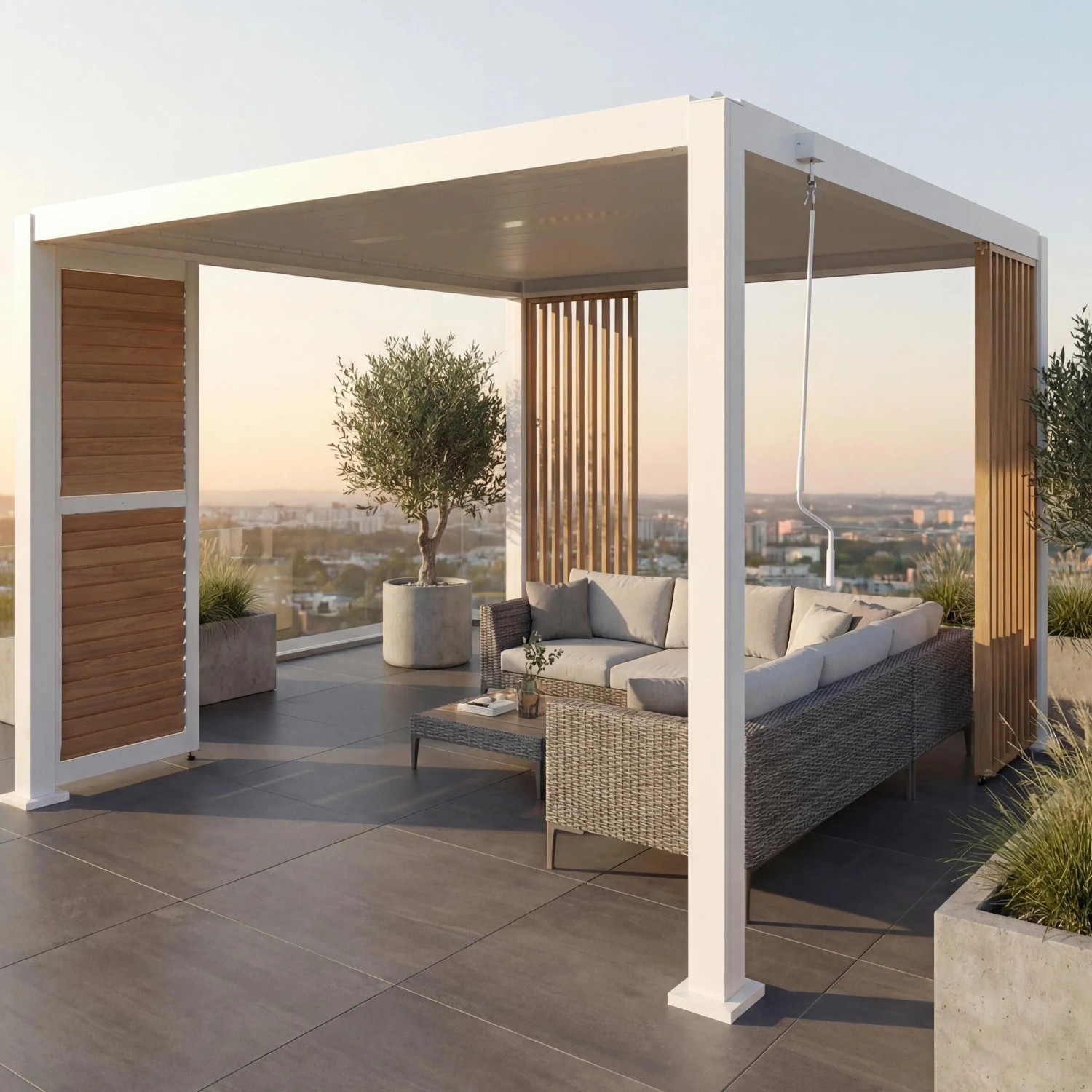 MCW Pergola P65 mit 1x Lamellenwand Und 2x Seitenwand 10cm-Alu-Gestell 3x3m Weiß
