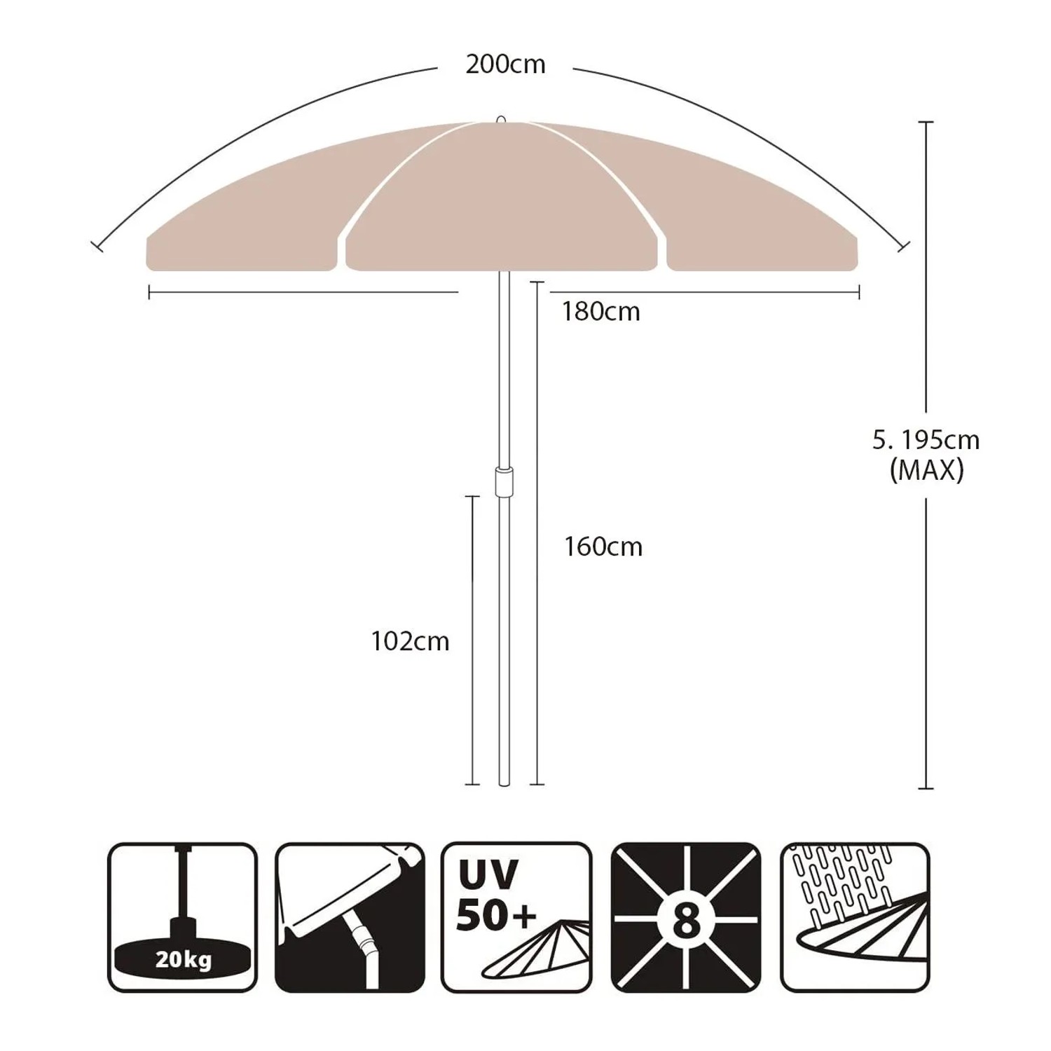 Skizze eines beigen Balkonschirms, 200 cm Durchmesser, mit Höhenangaben.