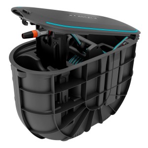 Gardena Undercover Schlauchbox RollUp M 20m, geöffnet. Gartenschlauchwagen zur unterirdischen Montage.