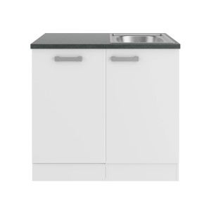 OPTIFIT Oslo214 Spülenschrank-Set in Weiß mit Edelstahlspüle und anthrazitfarbener Arbeitsplatte.
