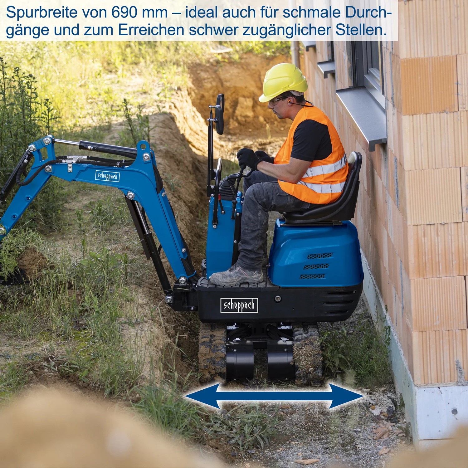 Scheppach Mini-Bagger EXC815 in Aktion: Kompakte Baumaschine für enge Baustellen.