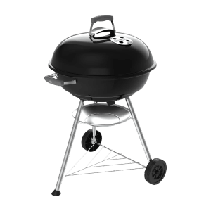 Schwarzer Weber Holzkohlegrill Compact Kettle 57 cm mit Deckel und Ascheauffangschale.