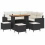Schwarzes 9-teiliges Garten-Sofa-Set aus Poly Rattan mit Tisch und Hockern.