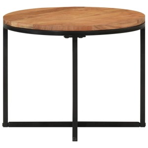 Runder Couchtisch aus Akazienholz und schwarzem Eisen, 45x45x35 cm.