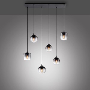 Schwarze Just Light Pendelleuchte Zea mit 6 rauchfarbenen Gläsern in verschiedenen Formen.
