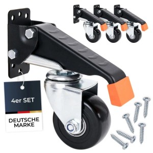 Set aus 4 schwarzen HMF Schwerlastrollen 65mm mit Absenkhebel für Werkbänke, 300kg Gesamtlast.