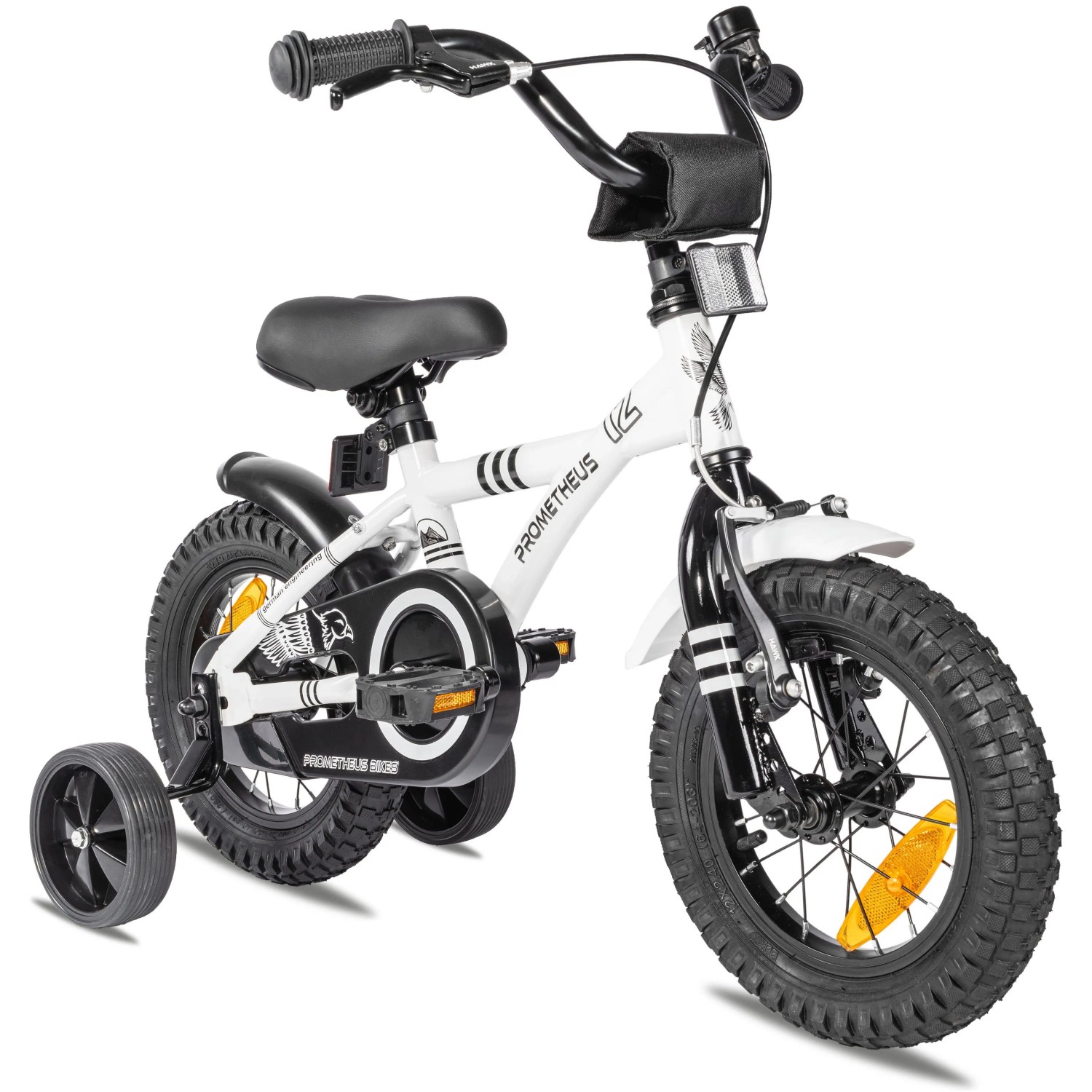PROMETHEUS BIKES Kinderfahrrad 12 Zoll ab 3 Jahre mit Stützrädern und Rücktrittbremse Weiß