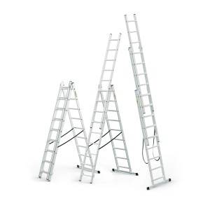 DRABEST Vielzweckleiter 3x7 aus Aluminium in verschiedenen Positionen.