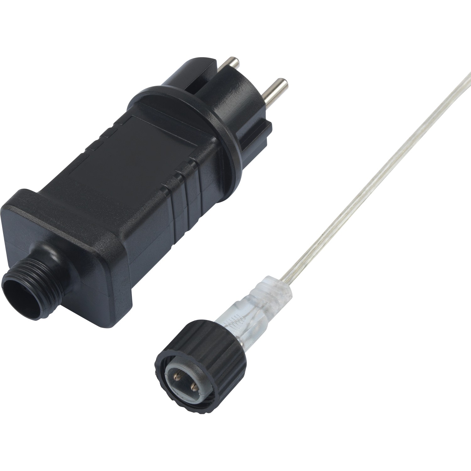 Detailaufnahme: Stecker und Kabel des LED-Lichternetzes mit 200 bunten LEDs.