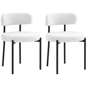 2er Set cremeweiße Essstühle mit Polyesterbezug und Stahlbeinen.