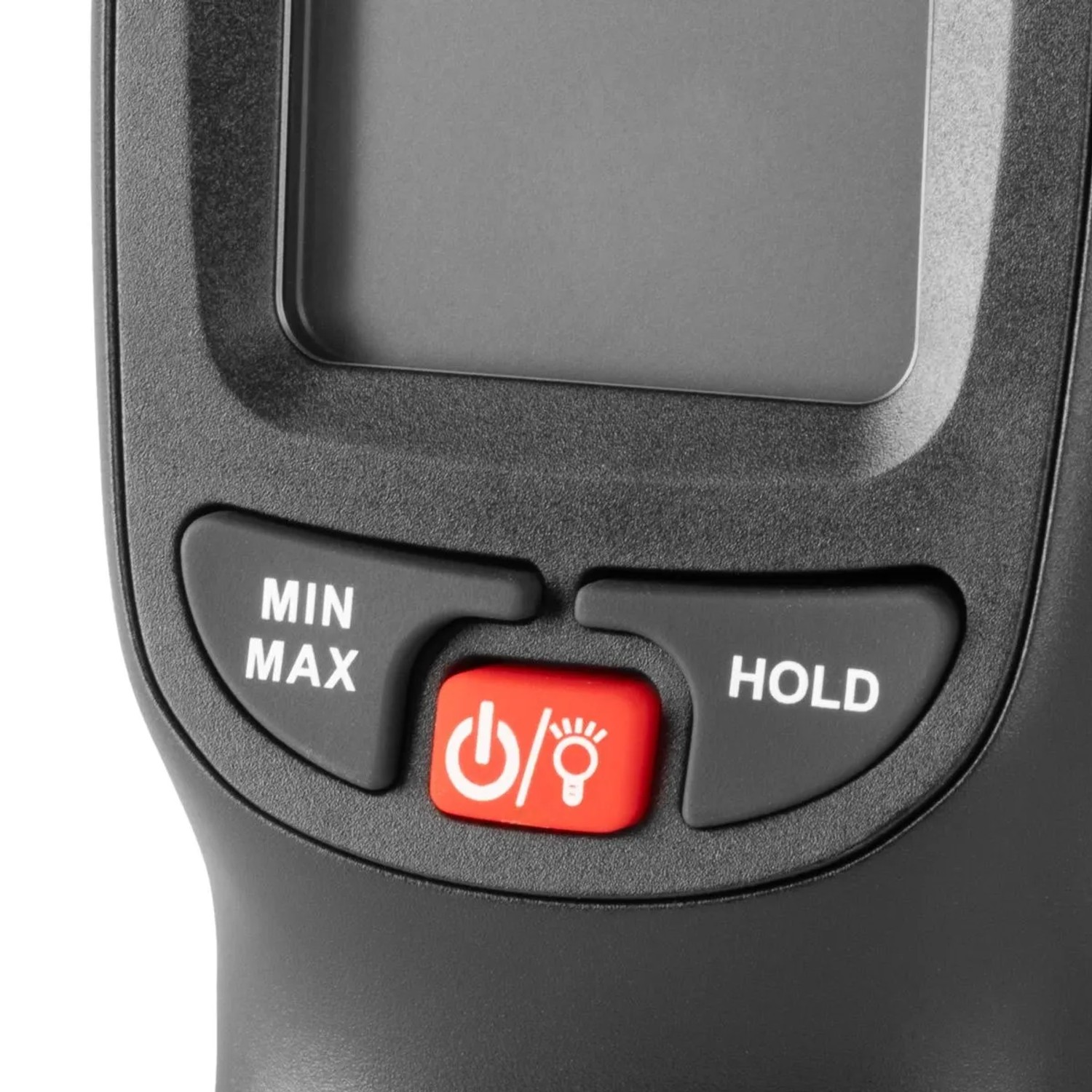 Bedienfeld des STAHLWERK digitalen Luftfeuchtigkeits- und Temperaturmessgeräts mit MIN MAX, Power/Licht und HOLD Tasten.