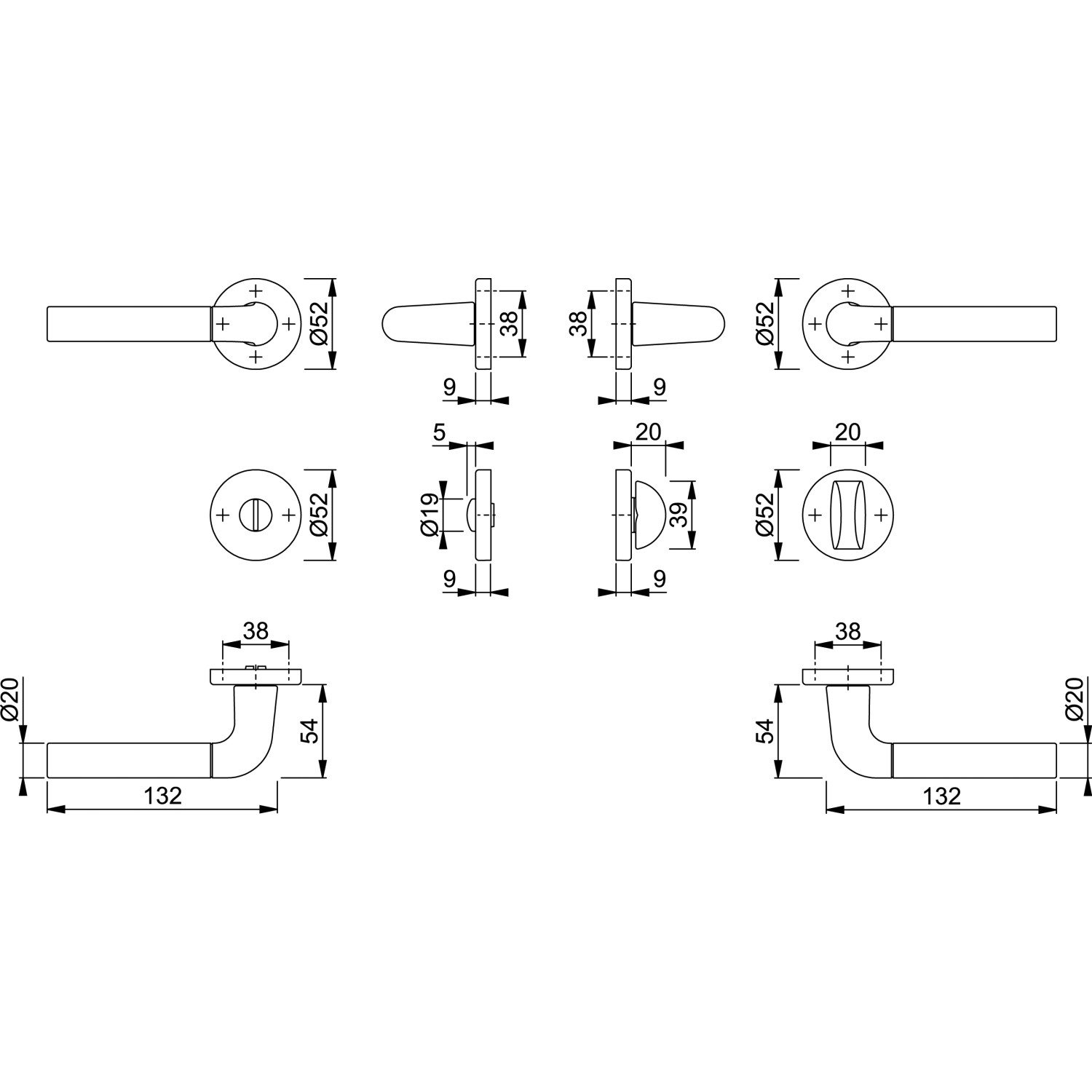 Technische Zeichnung: Hoppe Rosetten Garnitur Bremen, verchromt/Alu Stahl matt, WC-Türbeschlag mit Maßen.