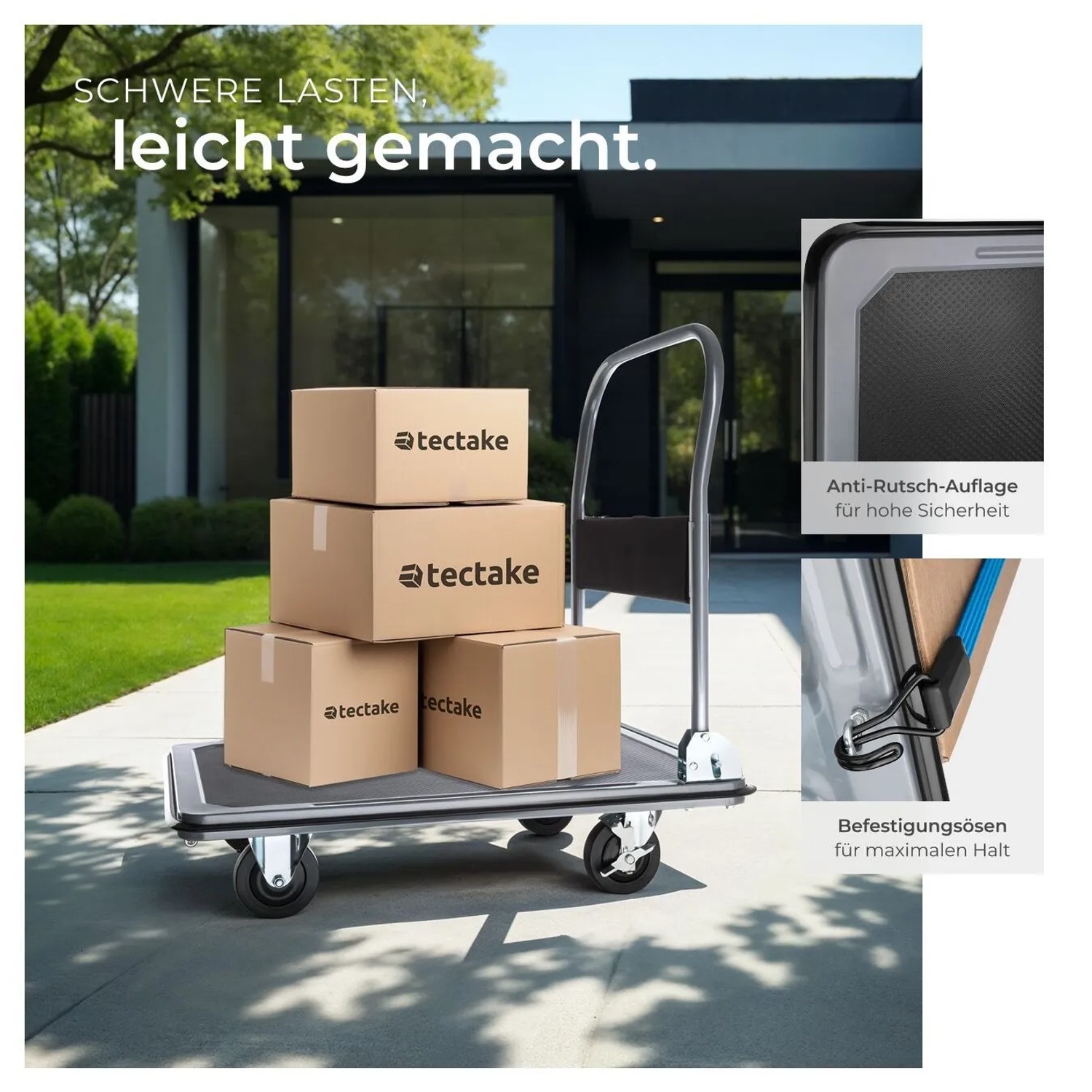 Tectake Plattformwagen Klappbarer Handgriff Mit Aufbewahrungsfach 2 Block und 2 Drehrollen 90 x 61 x 88 50 cm Schwarz_4