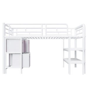 Weißes niedriges Metall-Hochbett 90x200cm mit integriertem Stauraum und breiter Treppe.