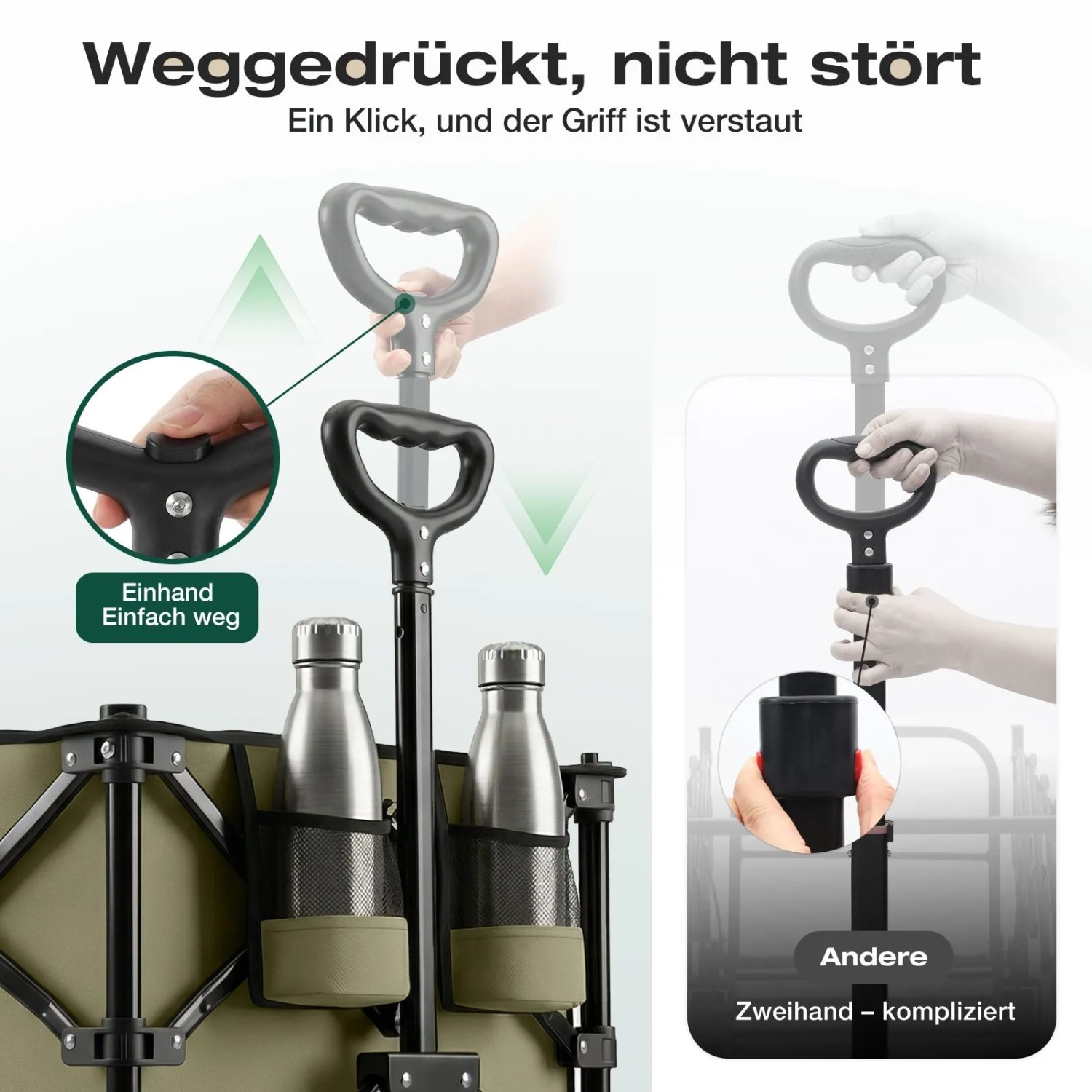 Sekey Bollerwagen: Detail des verstellbaren Griffs und der Getränkehalter, olivgrün.