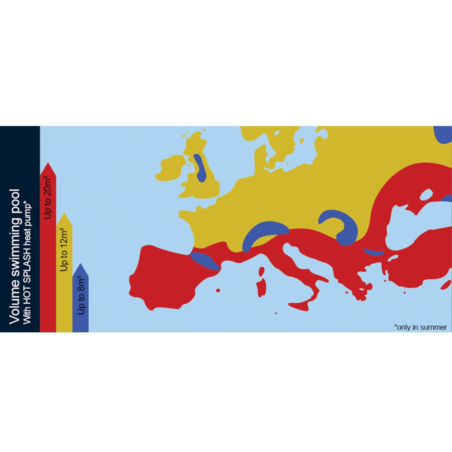 Diagramm zur Poolgröße für Summer Fun Wärmepumpe Smart, Europa-Karte mit Poolvolumen.