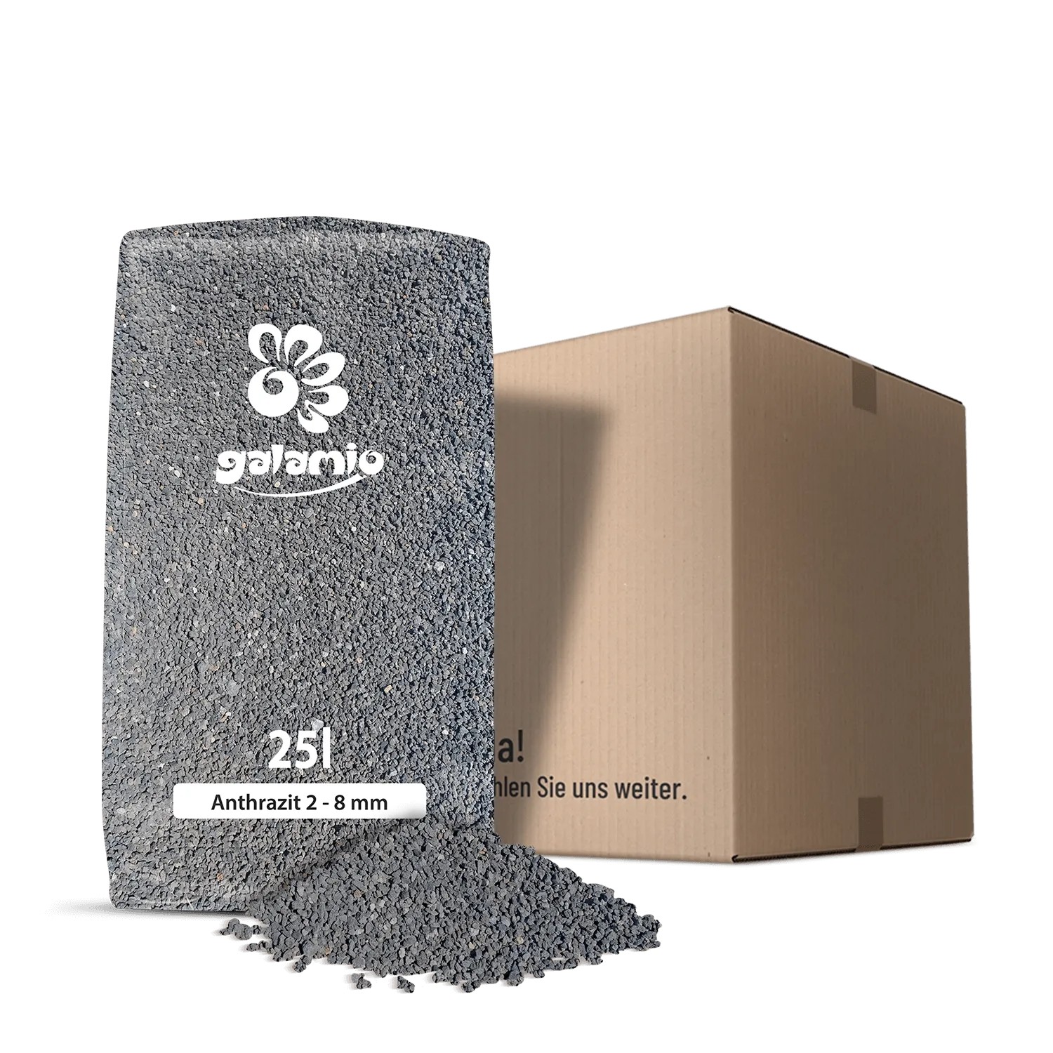 Galamio Lavamulch Anthrazit 2-8 mm im 25kg Sack, mit Granulat und Karton. Dunkelgrauer Mulch für Garten.