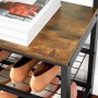 Detailaufnahme: Songmics Garderobe mit Schuhregal, braune Holzplatte, schwarzer Rahmen, Schuhe.