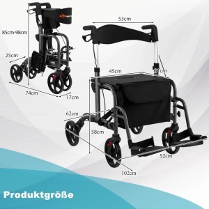 Costway Rollator, faltbar, mit Sitz, als Rollstuhl nutzbar, Maße eingezeichnet.