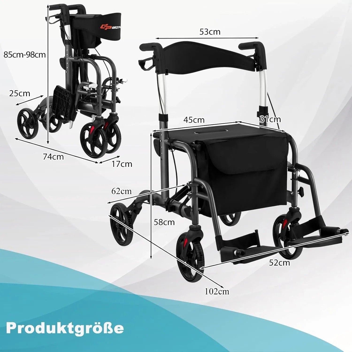 Costway Rollator, faltbar, mit Sitz, als Rollstuhl nutzbar, Maße eingezeichnet.