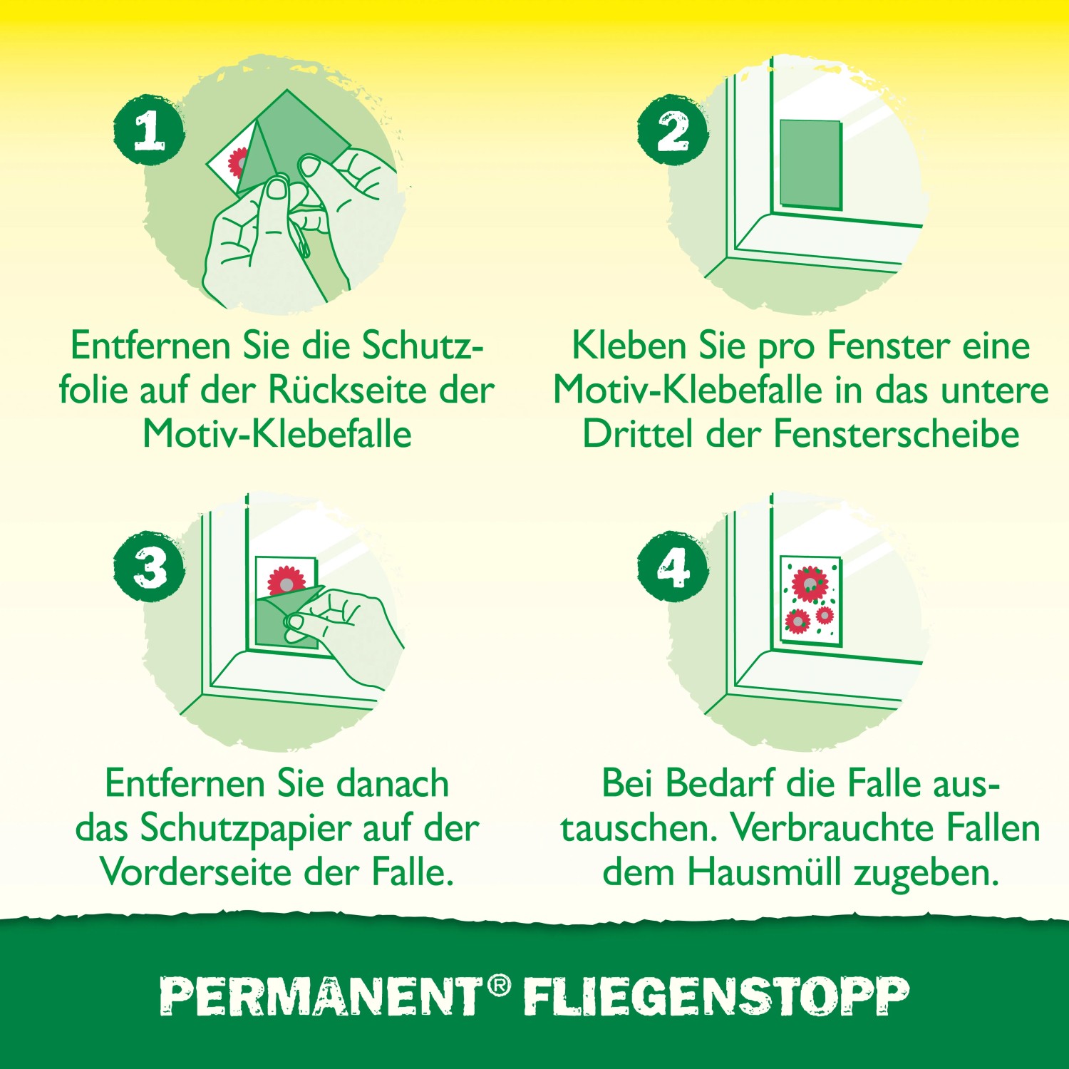 Anleitung: Neudorff Permanent Fliegenstopp Klebefalle mit Motiv am Fenster anbringen.