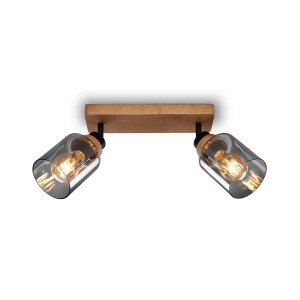 Briloner Deckenleuchte Royk mit 2 schwenkbaren Spots, Holzbasis und Rauchglas, E27 Fassung.
