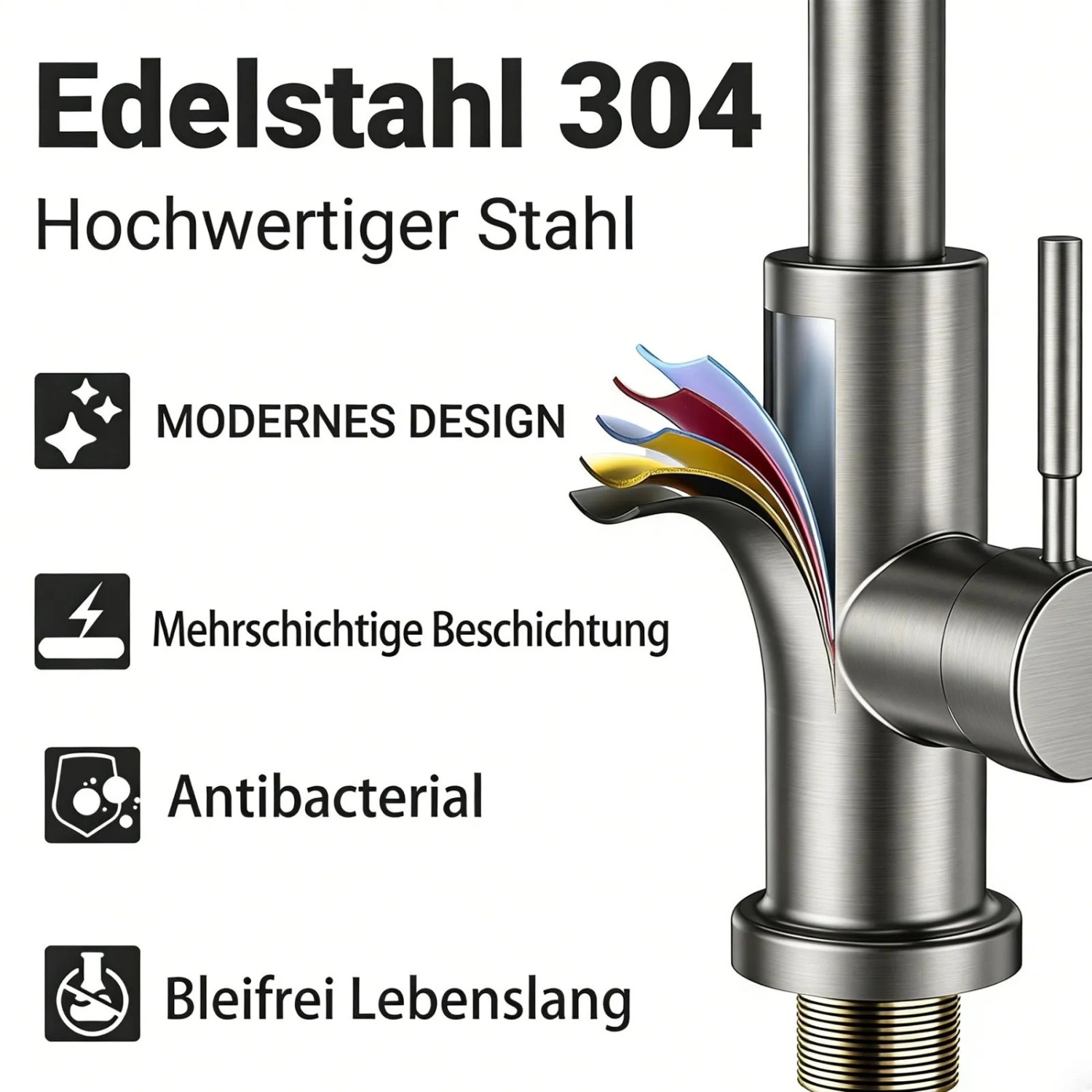 Gebürsteter AICA Einhebelmischer mit Ausziehbrause für die Küche.