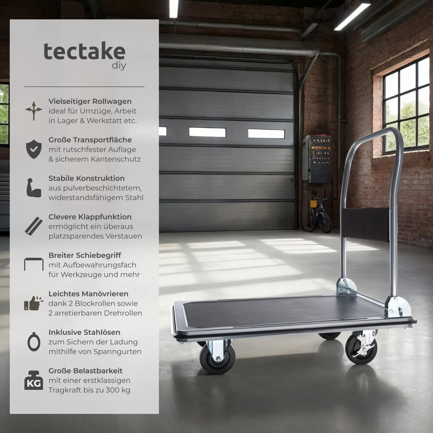 Tectake Plattformwagen Klappbarer Handgriff Mit Aufbewahrungsfach 2 Block und 2 Drehrollen 90 x 61 x 88 50 cm Schwarz_2