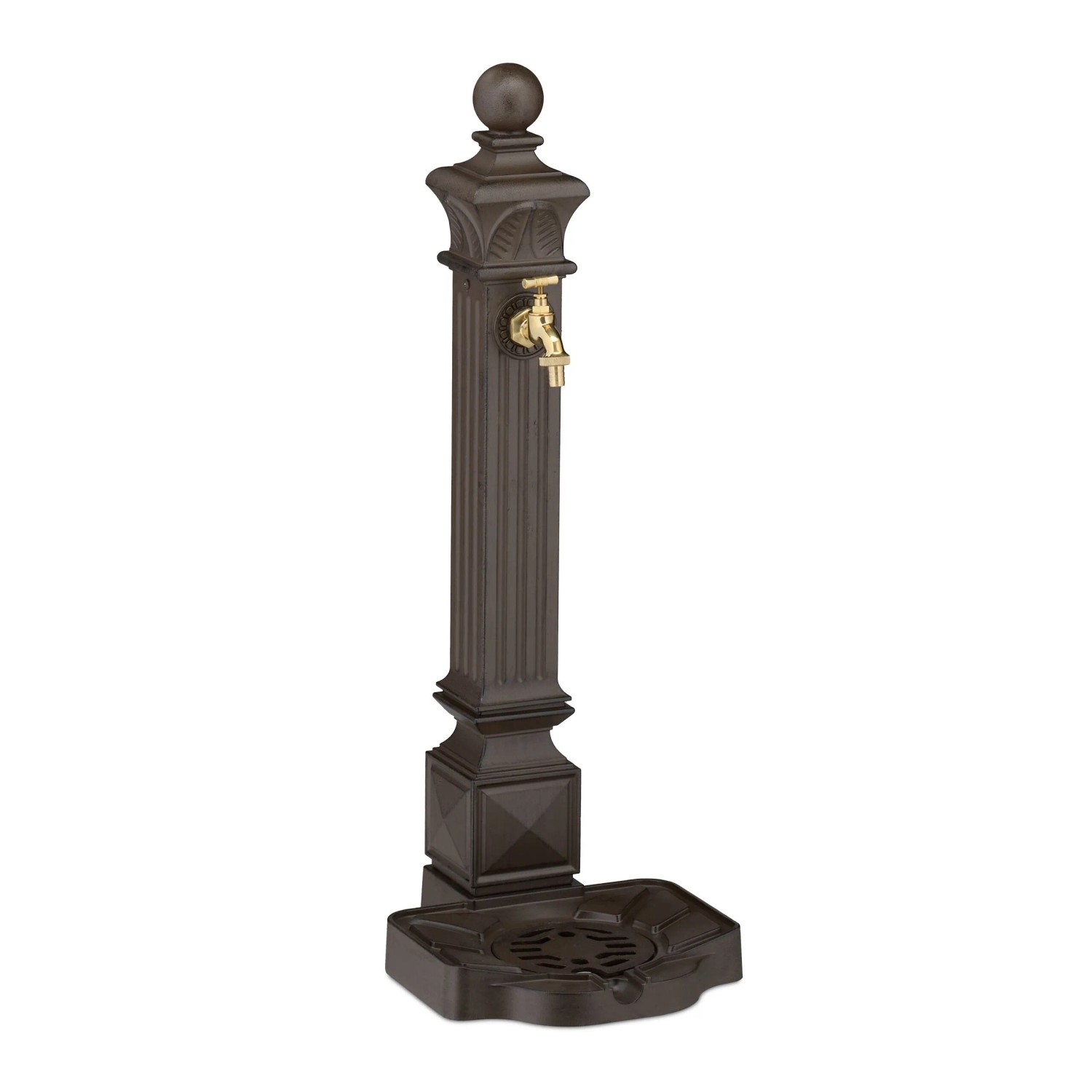 Relaxdays Standbrunnen Aluminiumguss Edelstahl Dunkelbraun Gold Mit Wasserhahn 82 cm x 29 cm x 33 cm 3,8 kg