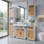 Modernes Badmöbel-Set aus weißem MDF mit Bambusfronten: Hochschrank, Waschbeckenunterschrank, Hängeschrank, Kommode.