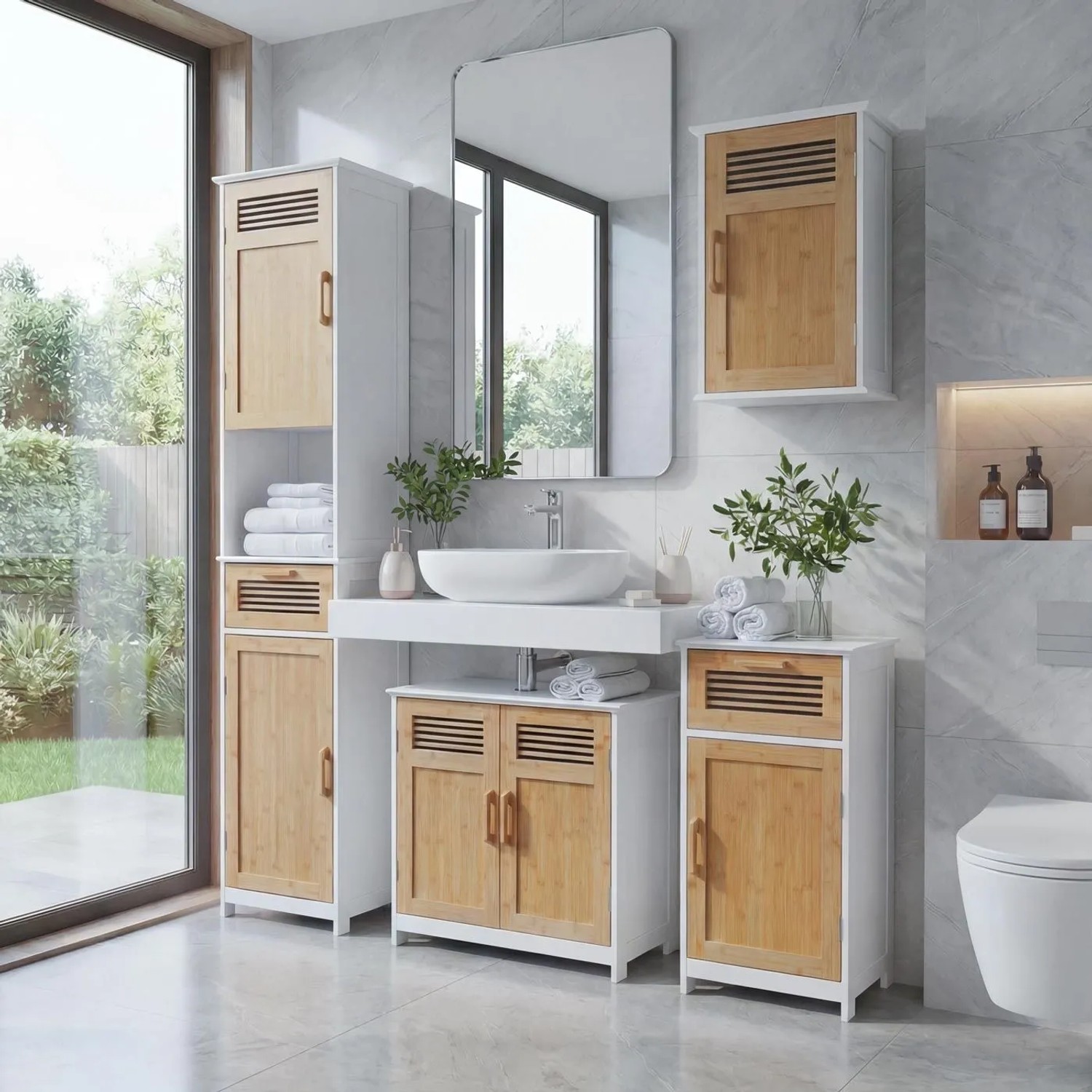 Modernes Badmöbel-Set aus weißem MDF mit Bambusfronten: Hochschrank, Waschbeckenunterschrank, Hängeschrank, Kommode.