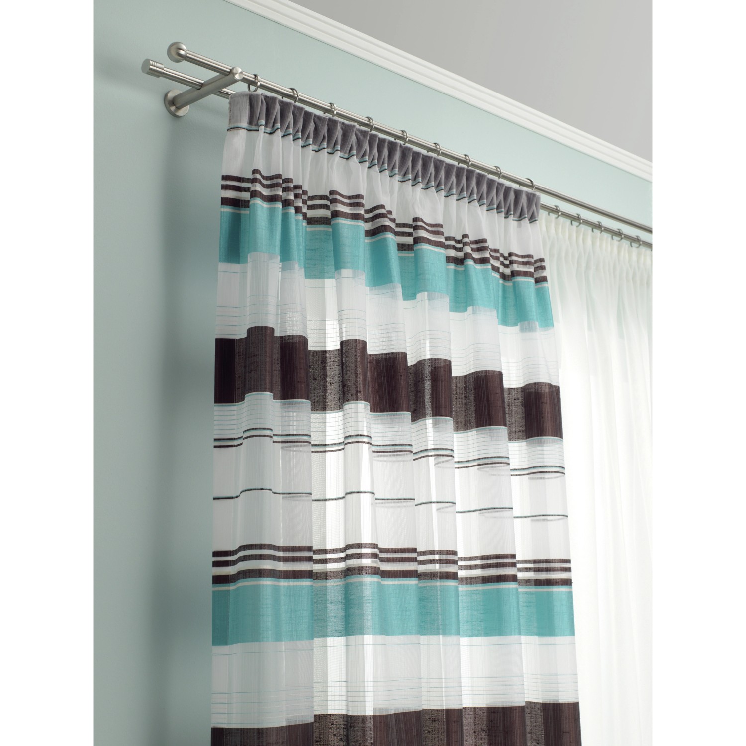 Gardinia Gardinenstange New York, Edelstahl-Optik, 200 cm, mit gestreifter Gardine.