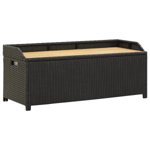 Schwarze furnicato Sitzbank mit Stauraum aus Poly Rattan und Akazienholz, 120 cm breit.