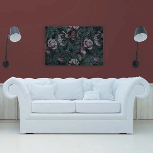 Leinwandbild mit Pfingstrosen in Dunkelgrün und Altrosa, Vintage Wanddeko für Wohnzimmer.